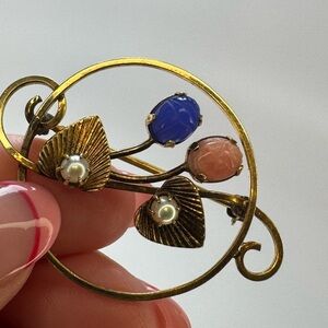 Antique 12 Karat Gold Filled Brooch Blue & Pink Stones w/Gold Leaves